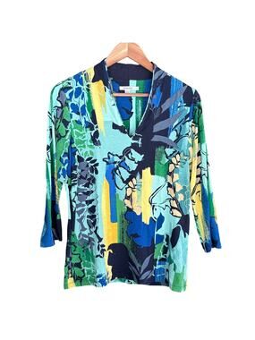 Chico's Painterly Floral Top M 1 Blue Green Travel Resort Stretch Chicos